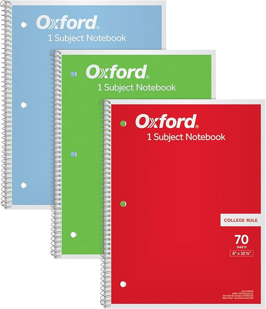 Oxford 1-Subject Notebooks, Notebooks for School, 8 x 10.5 Inches, College Rule, 70 Sheets, Assorted Primary Colors, Colors May Vary (1006792), (Pack of 24)