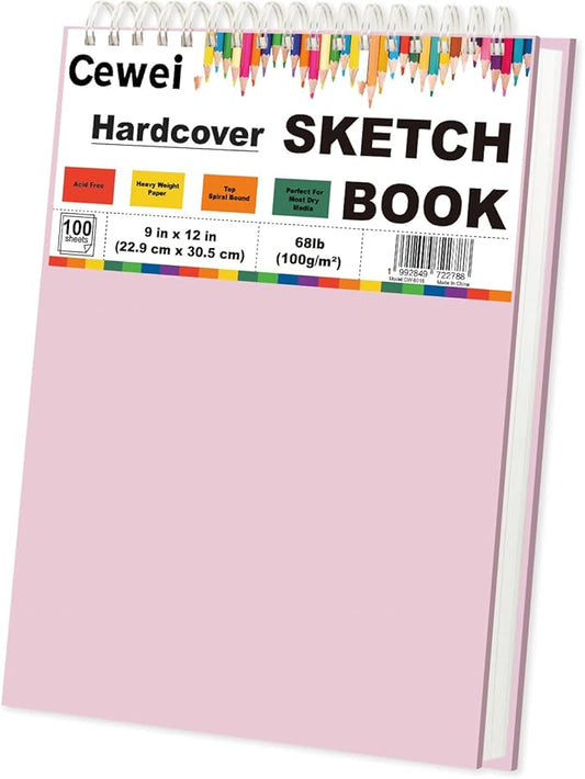 9"x12" Sketchbook Pink, 1 Pack-100 Sheets Cute Sketchbook for Girls, 68lb/100gsm Pink Sketch Book, Spiral Drawing Pad, Art Supplies for 9-12 Girls.