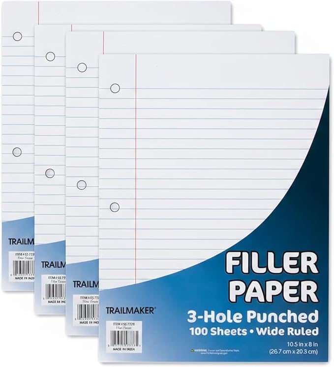 Trail Maker (2,000 Pack) Bulk Pallet Loose Leaf Paper Wide Ruled, 8 x 10-1/2 Inch Wide Ruled Paper, 3 Hole Punch, Filler Notebook Paper for 3 Ring Binders, (200,000 sheets total)