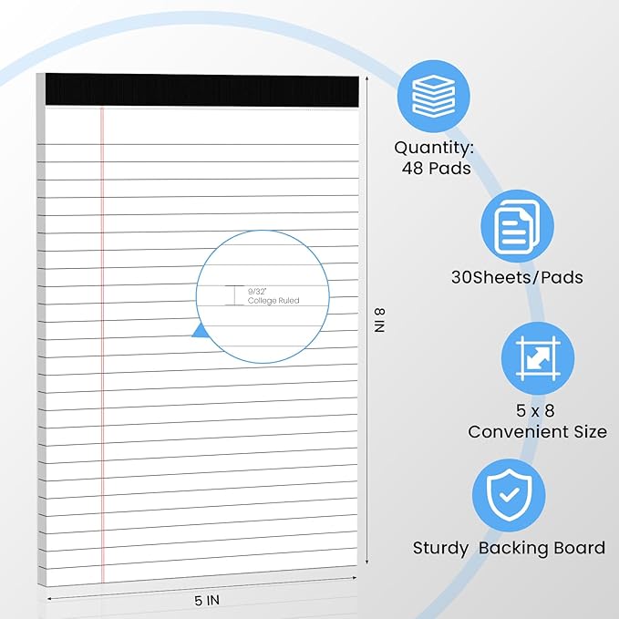 48 Pack Notepads 5x8, Small Legal Pads Narrow College Ruled, 30 Sheets/Pack, Perforated Notebook - White Note Pads for School, Memo, Note Taking, Teacher & Office Supplies, Writing Pads of Paper