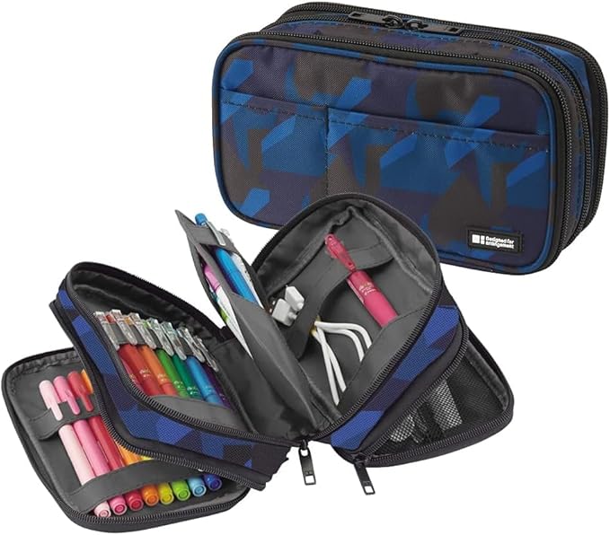 LIHIT LAB Large Capacity Triple Zipper Pencil Case For School Office College, Big Capacity 8 Compartments Pencil Bag Holder Adults Teen Boys Girls, Travel Cosmetics Storage, Navy Camo (A7556-132)