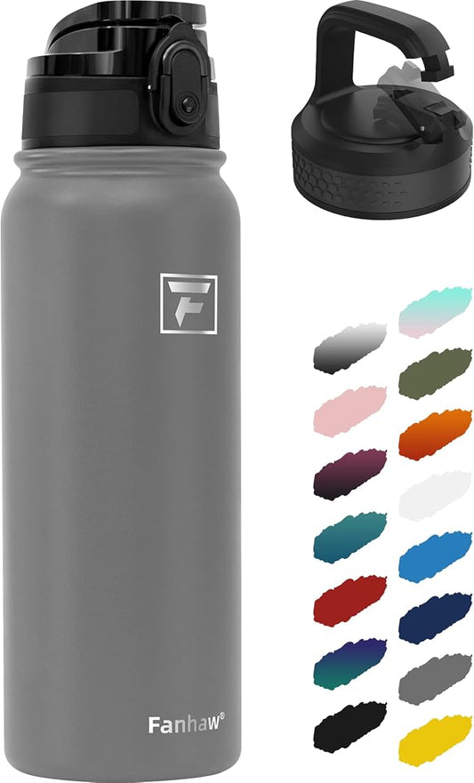 Fanhaw 20 oz Insulated Stainless Steel Water Bottle with Anti-Dust Chug Lid & Carabiner Lid, Leakproof Vacuum Metal Bottle for Kids, Teens & Adults, Back to School Essentials (Gray)