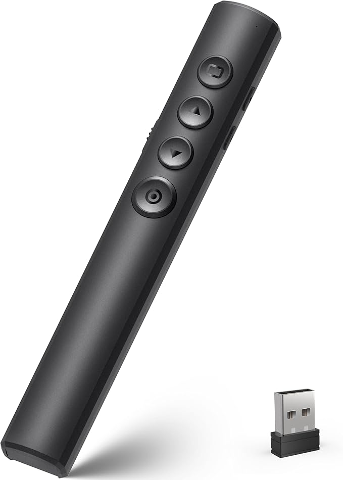 Wireless Presentation Clicker for Powerpoint Slideshow, Office/Classroom PPT Remote Presenter Pointer Slide Advancer with USB Receiver for Computer/MacBook Laptop/PC Black Red Light