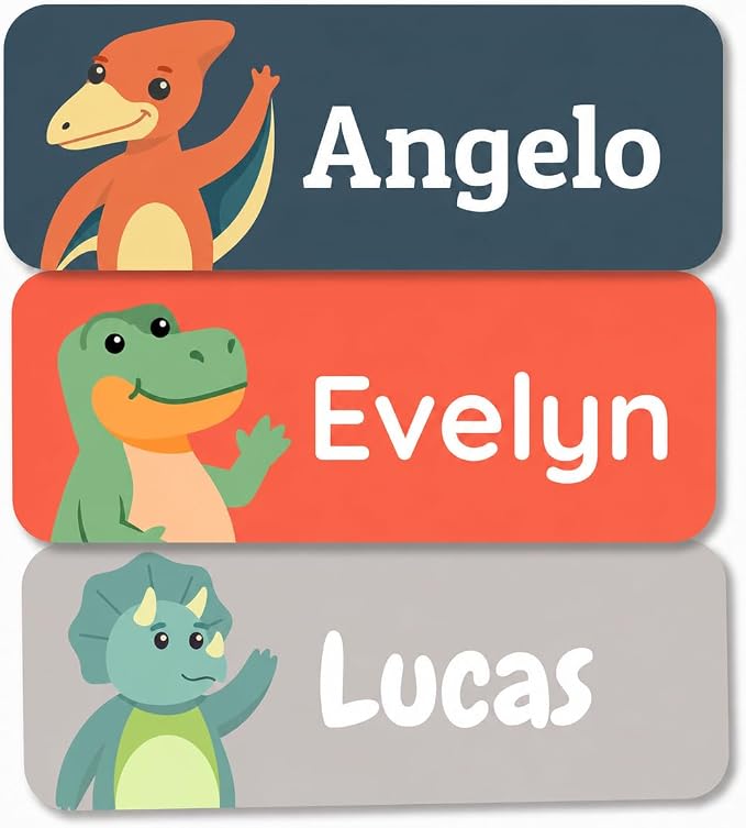 Bunny Badges Personalized Name Labels for Kids (60, 120, or 240 Count) Custom Daycare Labels & Name Stickers for Clothing Tags, Water Bottles, Lunch Boxes and School Supplies (Dinosaurs)