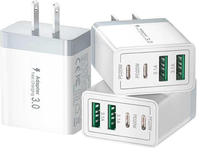 3 Pack USB C Charger Block, 40W 4-Port Fast Charger 20W Type C Charging Block 3.1A USB Wall Charger Dual Port PD+QC Charging Cube for iPhone 17 16 15 14 13 12 Pro Max XS, iPad, Samsung Phone, Tablet
