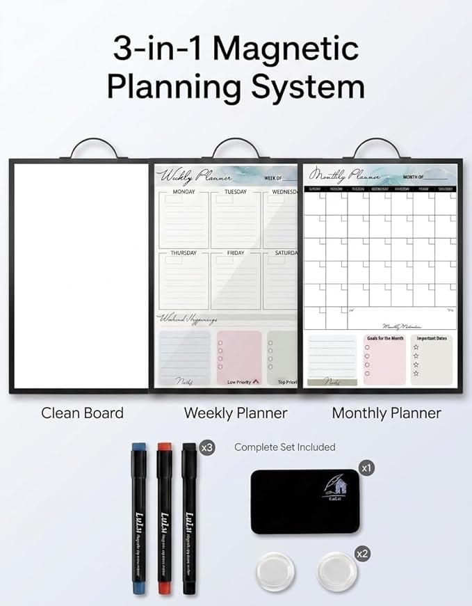 Magnetic Dry Erase Board 12x16 with Handle, Double Sided Portable Black Whiteboard for Home, Office, School & Kitchen, Includes Weekly & Monthly Magnetic Planner Sheets