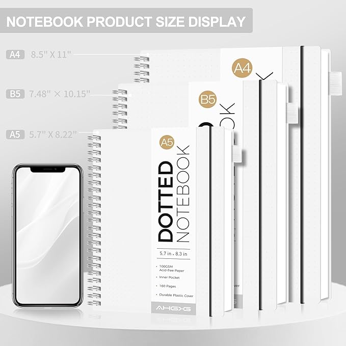 AHGXG Dotted Journal - Dot Grid Spiral Notebook 8.5" x 11", A4 Large Dotted Notebook, 100 GSM Thick Paper, Waterproof Plastic Cover Journals for Journaling, Sketching,