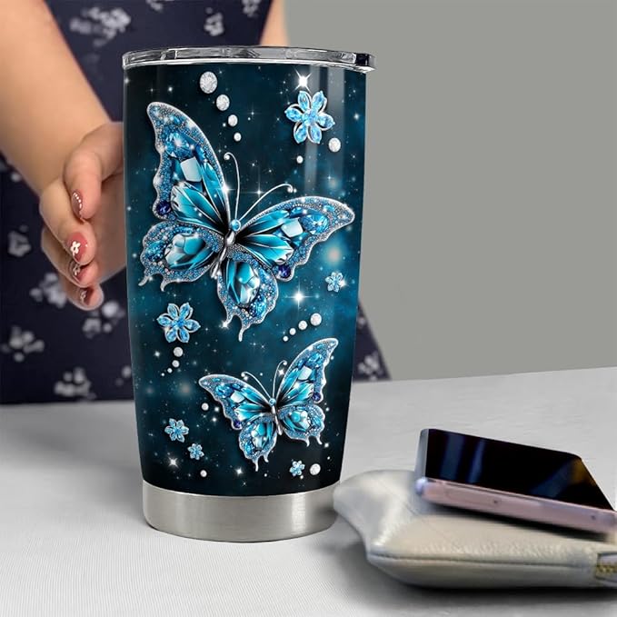 SANDJEST Butterfly Tumbler 20oz Stainless Steel Insulated Tumblers Coffee Travel Mug Cup Jewelry Drawings Style Butterfly Gifts for Women Girls Teen Gift for Birthday Christmas