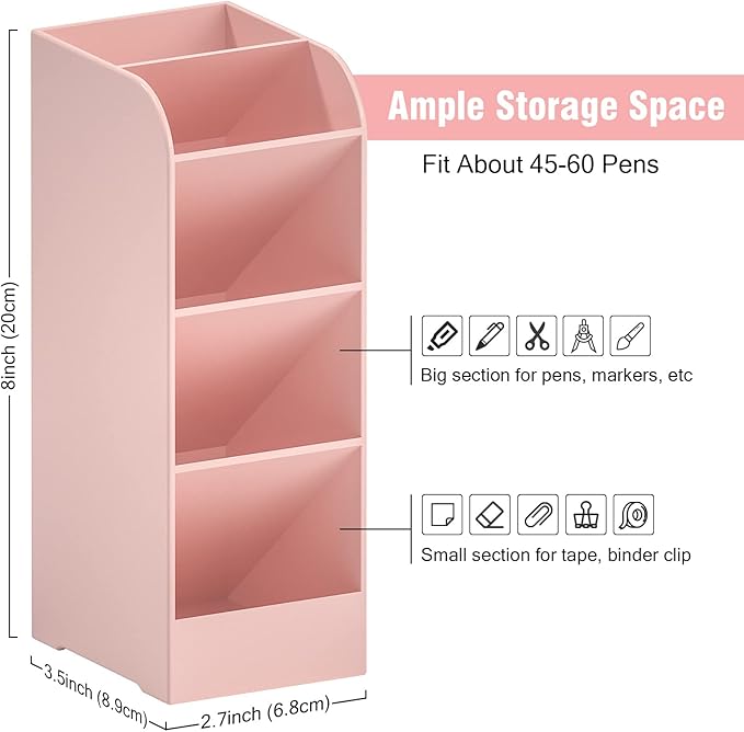 Asten Pen Holder, Pencil Holder for Desk, Pen Organizer for Office, School, Desktop, Large Capacity Pen Storage Organizer with 5 Compartment for Pens, Markers, Makeup Brush, Cosmetics (Pink, 1 Pack)