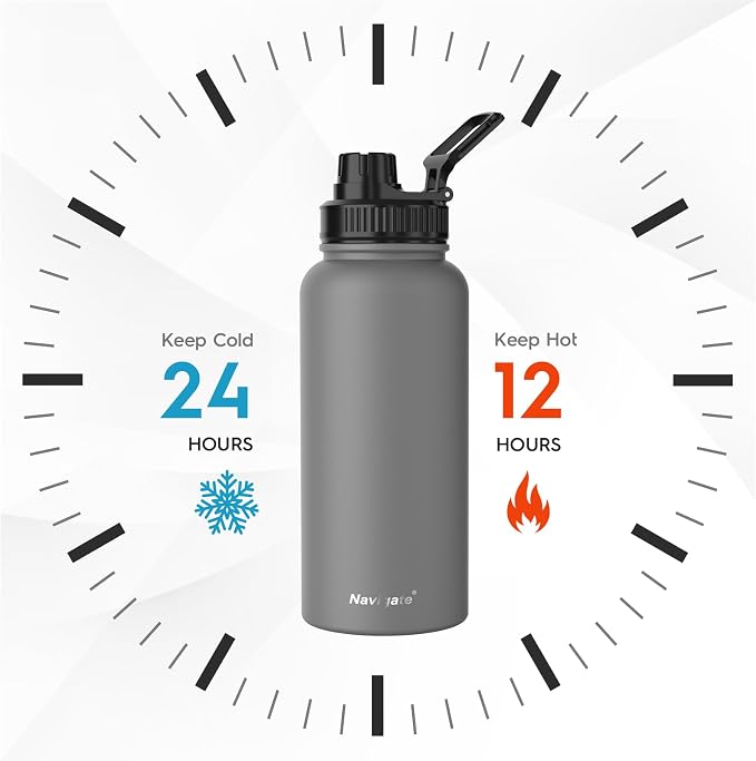Navigate 32oz Insulated Water Bottle for Sports, Keep Cold 24H | 2-in-1 Spout and Handle Lids, Double Leak-Proof, 18/8 Stainless Steel, BPA-Free, Wide Mouth for Gym and Hiking,Grey