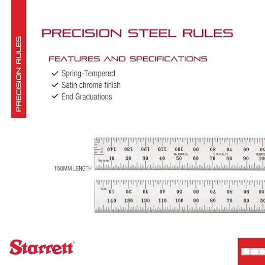 Starrett Spring Tempered Steel Rule with Satin Chrome Finish and Millimeter Graduation - 150mm Length, 35E Graduation Type, 1.2mm Thickness, 19mm Width - C635E-150