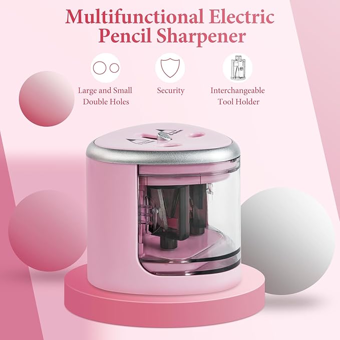 AUAUY Electric Pencil Sharpener with Double Hole, Battery Operated Automatic Sharpener with 2 Extra Knife Holders, for 6-8mm/9-12mm Standard Pencils, Colored Pencils, and Skectch Pencils（Pink）