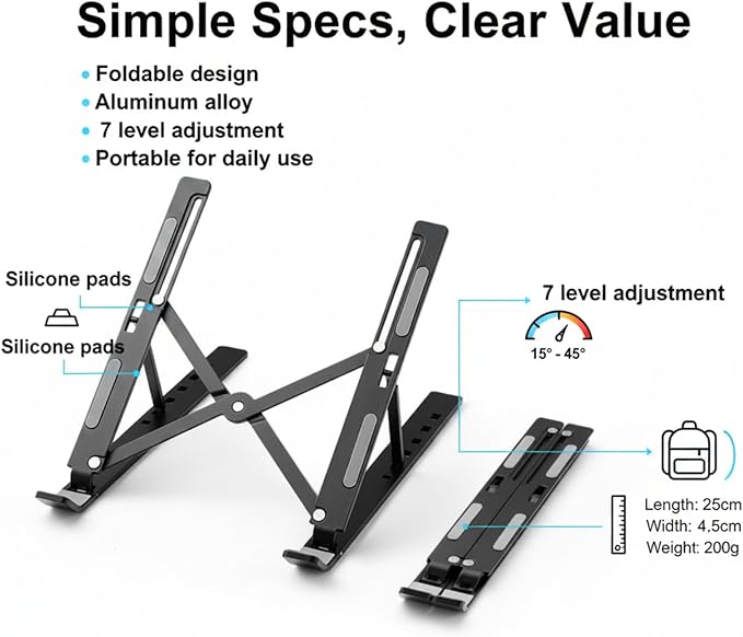 Foldable Laptop Stand, 7-Level Adjustable Aluminum Alloy Tablet Holder, Ultra-Thin Portable Notebook Riser for Desk, Office, Home, Travel (Black,Aluminum Alloy)