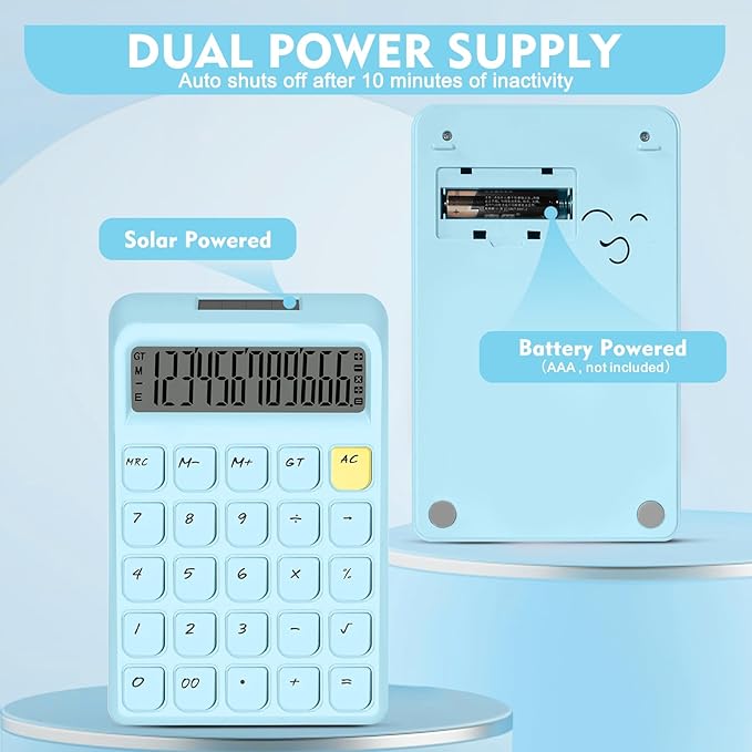 Cute Calculator, Calculators Desktop, Blue Calculator Big Buttons, Solar and Battery Dual Power, 12-Digits Large LCD Display, Desk Calculators for Office Home School Basic Business (Blue)