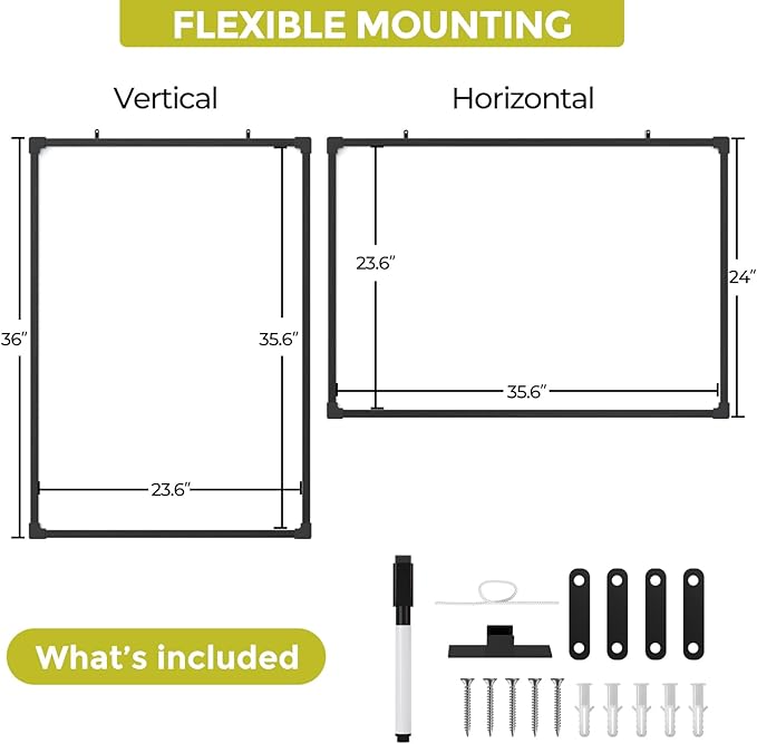 MaxGear Magnetic Dry Erase White Board, 36 X 24 Inches Double Sided Whiteboard, Black Aluminum Frame White Board for Wall, Hanging Planner Board with Dry Erase Marker for School Office Home