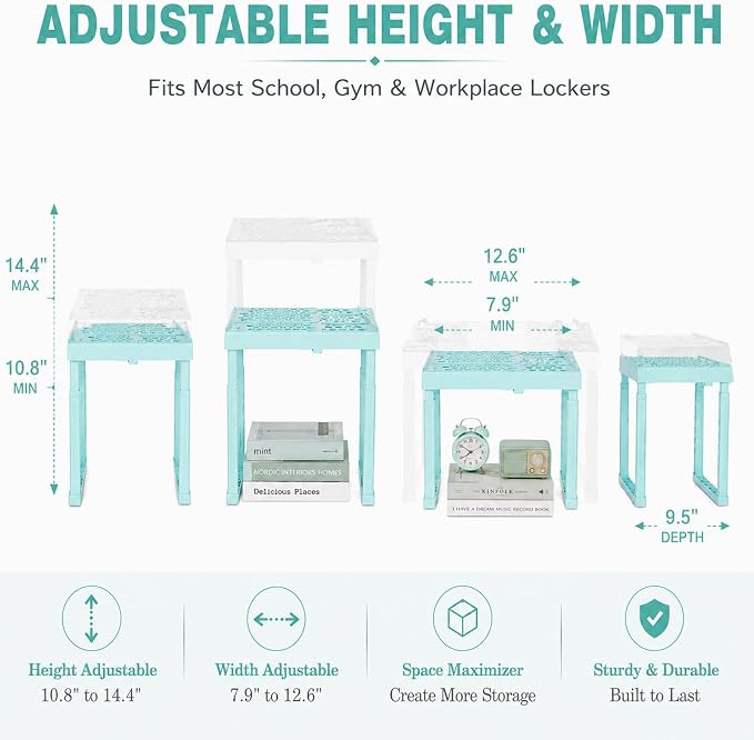 Svartur Locker Shelf Adjustable Height and Width, Locker Organizer for Work, Expandable Shelves for Locker Stand Tools for Gym Locker, Back to School Accessories, Mint-Blue, Pack of 2