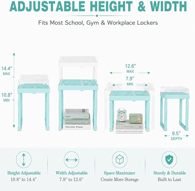 Svartur Adjustable Locker Shelf for School, Height and Width Adjustable Locker Organizer for Work, Stackable Locker Tools for Gym Lockers, Back to School Essentials, Mint Blue