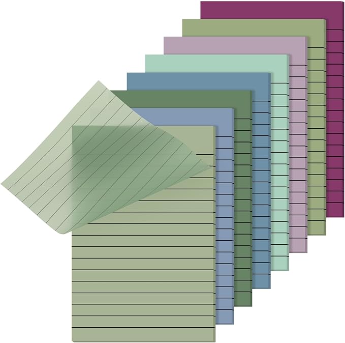 Yinder 8 Pack Pastel Transparent Sticky Notes Translucent Clear Lined Self Stick Note, Back to School Gifts for Bible Tabs, Book Tabs, School Supplies Office, 30 Sheets/Pack, 4 x 6'' (Morandi Color)