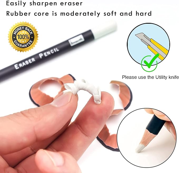 Brusarth 3pc Eraser Set - Fine Detail Eraser for Sketching, Charcoal Drawings & Colored Pencils