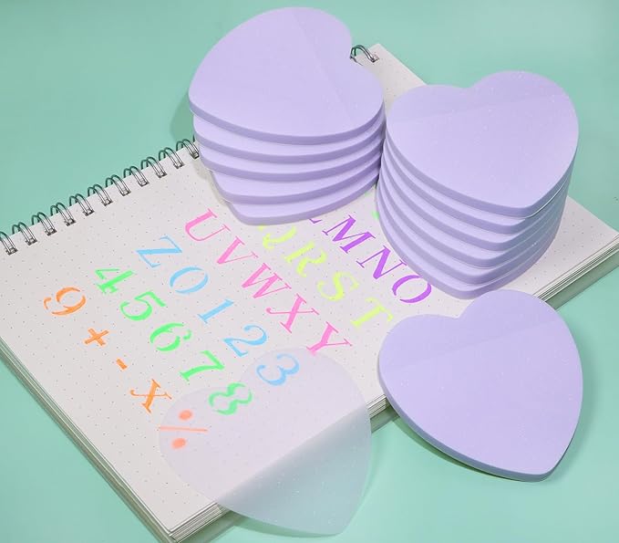 ONLYKXY Glitter Heart Shape Transparent Sticky Notes for Annotating,2.8in Pastel Color Waterproof Index Sticker Self-Stick Book Tabs Soft PET Marker Memo Pad for Home School Office (12, Purple)