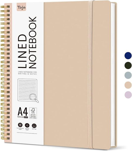 Taja Spiral Lined Notebook, 8.5"x11" Notebooks for Work, Large A4 Journal for Women & Men, College Ruled Journaling Notebook for Writing, Plastic Cover Spiral Journal, Khaki