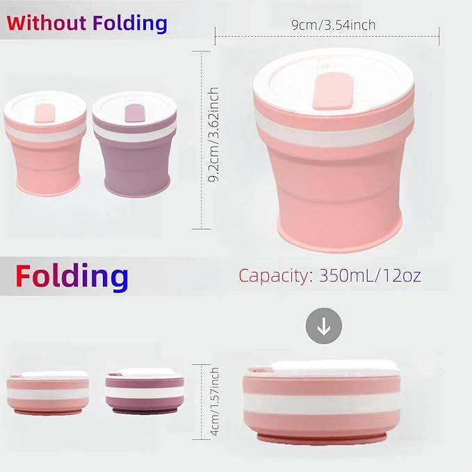 Silicone Folding Travel Camping Cup, Collapsible Water Cup with Cup Cover Sealed, 12oz Coffee Cup for Hiking, Outdoor Wine Cup 2pcs (pink+purple 12oz)