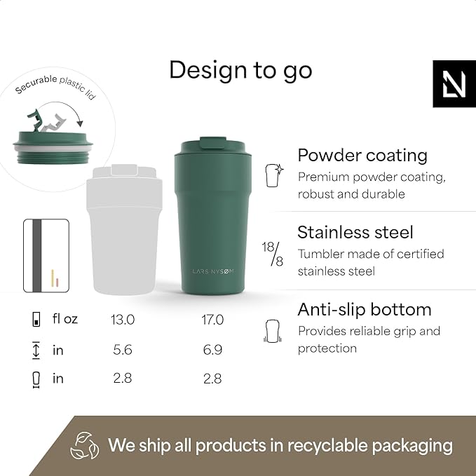 LARS NYSØM Thermo Coffee Mug to go 17oz | Travel Mug 0.5 Liter with Insulation | Silicone grip base | Leak Proof Stainless Steel Tumbler for Coffee and Tea on the Go (Powder Pine Green, 17oz)