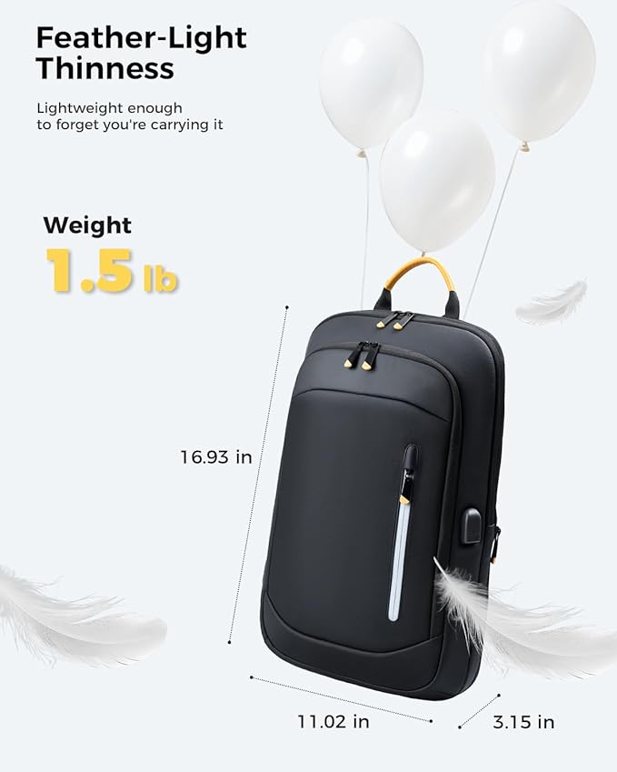 Slim Laptop Backpack for Men, 15.6 Inch Business Travel Backpack with USB Charging Port, 1.5Lbs Lightweight Work Computer Bag, 600D Waterproof Durable Backpack, Black