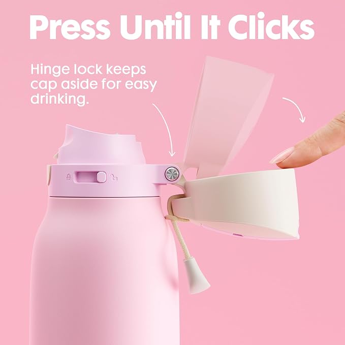 Meoky 24 oz Stainless Steel Slim Water Bottle: 2-in-1 Locking Lid, Blush | Leak Proof, Straw and Spout, 24 Hours Cold, Top Handle, Fits in Car Cup Holder, Insulated Water Bottle for Backpack