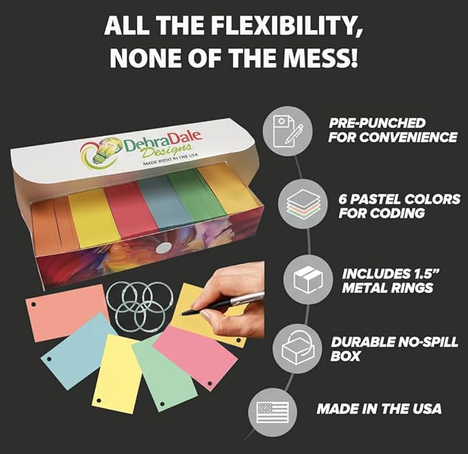 Debra Dale Designs 1,000 Blank Flash Cards - Business Card Size, 110# 199 gsm Durable Pastel Index Cards, Pre-Punched with Rings, Unlined, Colorful Study Cards, Includes Sturdy Storage Box 2x3.5 Inch