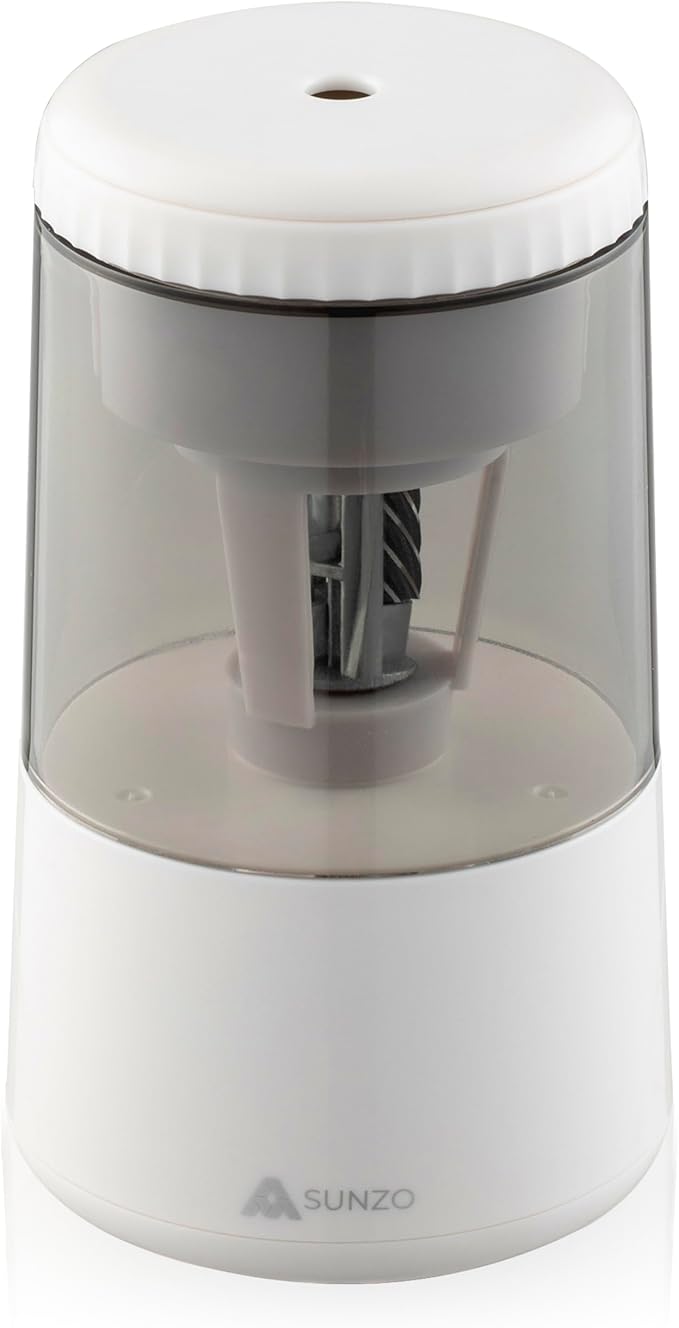 SUNZO Electric Automatic Pencil Sharpener, auto feed, hands free, electronic, rechargeable battery powered, small & portable, for colored pencil, for office & classroom (White)