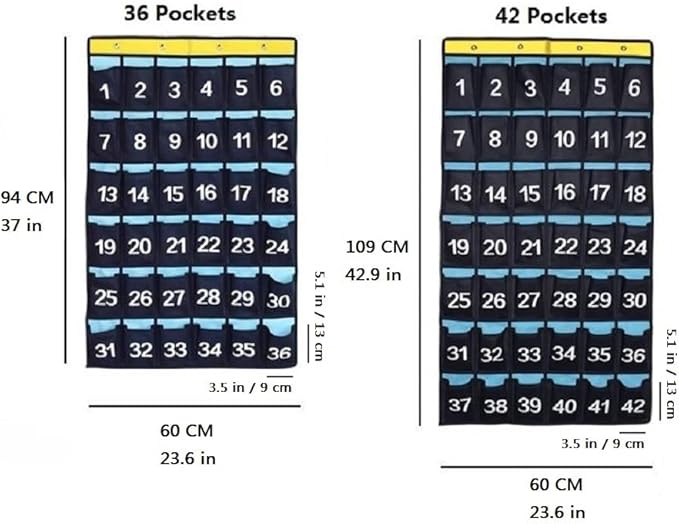 Numbered Pocket Chart Over Door Hanging Classroom Organizer for Cell Phones Calculators Holders Blue (42 Pockets)