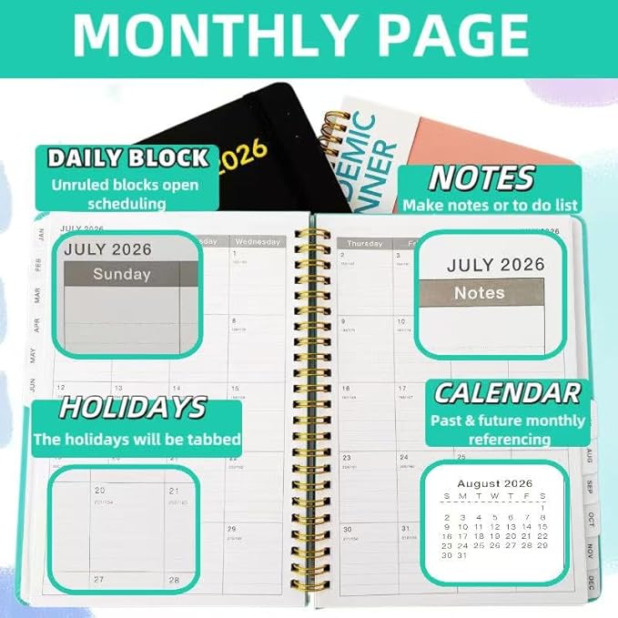 Academic Planner 2026 - Hardcover Weekly & Monthly Calendar Agenda, Daily Planner for Students & Teachers, 8.5" x 6.3" Portable Size，Daily Agenda Book with Tabs, College Organizer Notebook (black)
