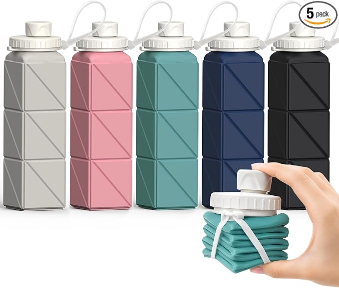 BEAUTAIL Collapsible Water Bottles 21oz/610mL, Silicone Travel Water Bottle | BPA Free, Leakproof & Reusable, Foldable Water Bottle for Traveling, Hiking, Cycling, Gym, School, Sports, Outdoor, 5-Pack