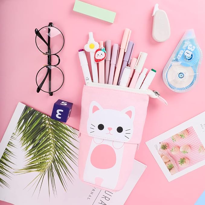 iSuperb Standing Pencil Pouch Pencil Case Cute Cat Telescopic with Zipper Canvas Kwaii Cartoon Pencil Bag Stationery Box for Kids Girls Boys School Supplies 7.5 x 4.9 x 3.0inch/4.1x 3.0inch