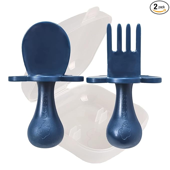 Grabease Baby Feeding Utensils Set - Infant and Baby Fork and Spoon for Ages 1-11 Months, BPAs and Phthalate-Free Cutlery, Plastic, 1 Set, Navy