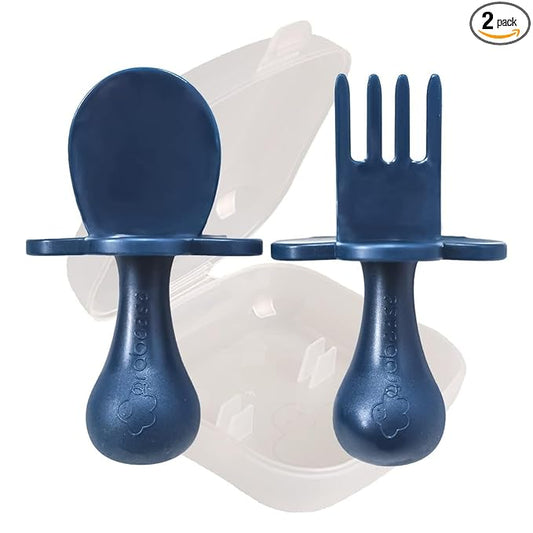 Grabease Baby Feeding Utensils Set - Infant and Baby Fork and Spoon for Ages 1-11 Months, BPAs and Phthalate-Free Cutlery, Plastic, 1 Set, Navy