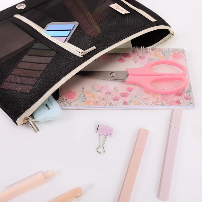 SKYDUE Large Pencil Pouch for 3 Ring Binder, 3 Pockets and Mesh Window | 11"x 9", 3 Pockets Zipper Pencil Case, Black Pencil Pouch Large Capacity Organizer for Boys Girls, Students, Kids & Teachers