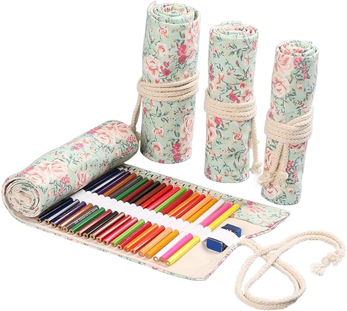 DIYOMR 24/36/72 Slots Pencil Wrap Pencil Rolls, Artist Colored Pencils Roll Up Bag Short Brushes Pouch Case Pencils Organizer for Drawing Coloring and Sketching (Small Floral, 72slots)