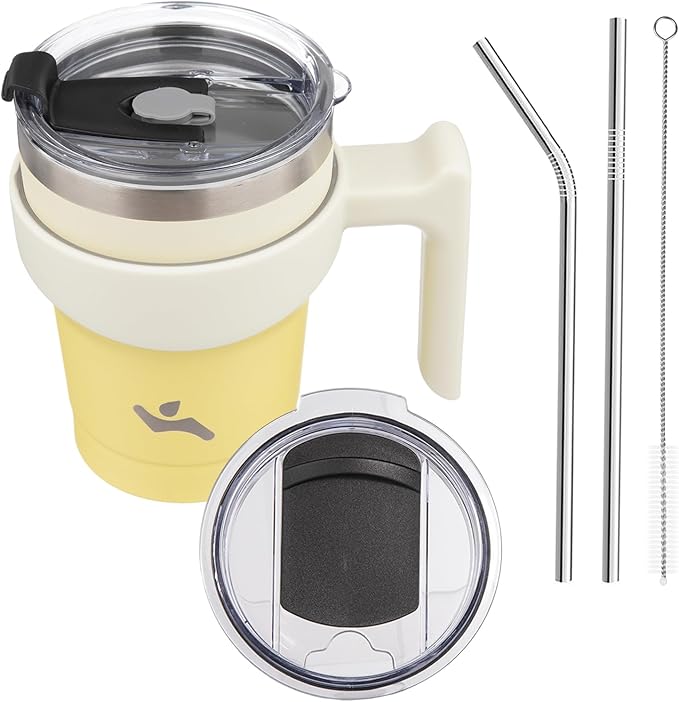 Konokyo 10 oz Tumbler with Handle and 2 Straw 2 Lid, Insulated Water Bottle Stainless Steel Vacuum Cup Reusable Travel Mug,Lemon