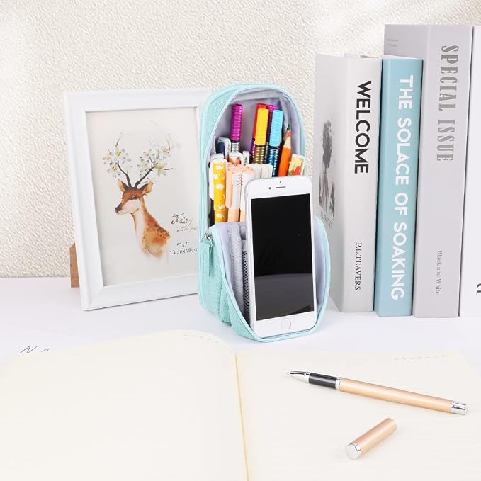 iSuperb Standing Pencil Case 2 Compartments Pencil Pouch Magnetic Mobile Phone Holder Bracket Pen Bag Large Capacity Phone Pouch College Stationery Organizer Storage for Kids Boys Girls