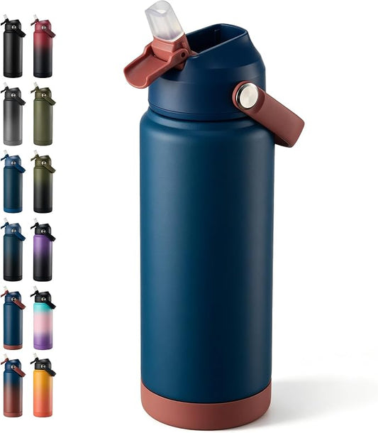 Fijinhom 24 oz Insulated Water Bottle with Straw Lid, Stainless Steel Water Bottles, Double Wall Vacuum, Portable Handle & Non-slip Bottom, BPA Free Leak Proof Metal Bottles, Keep Cold 24H, Sapphire