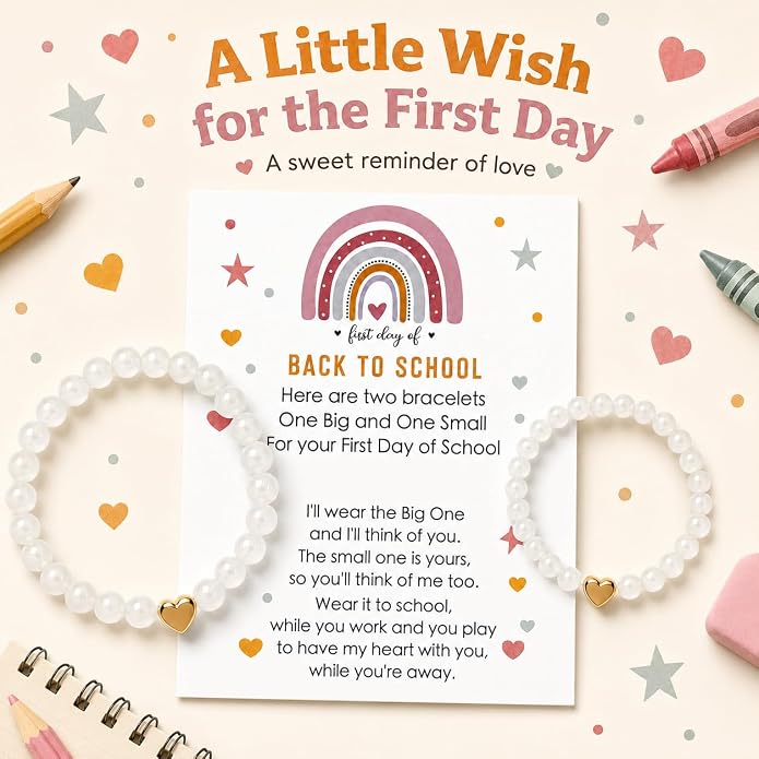Back to School Bracelets Heart Matching Mommy and Me Elastic Wish Strings Bead Bracelets First Day of School Supplies Gifts