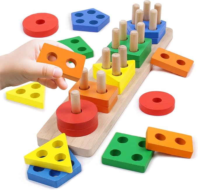 YHHYTOY Montessori Toys for 1 2 3 Year Old - Wooden Baby Stacking Toys Sensory Educational Shape Sorter Color Sorting Toy for Toddlers 1-3, Preschool Learning Birthday Gifts for Baby Girls Boys Kids