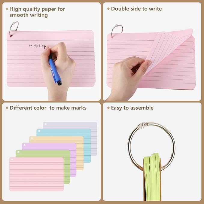 zmybcpack 6 Pack 360 Pcs Lined Index Cards 5 x 8 Inches, Assorted Colored Flash Cards with Ring, Lined Note Cards Study Flashcards for School, Office, College