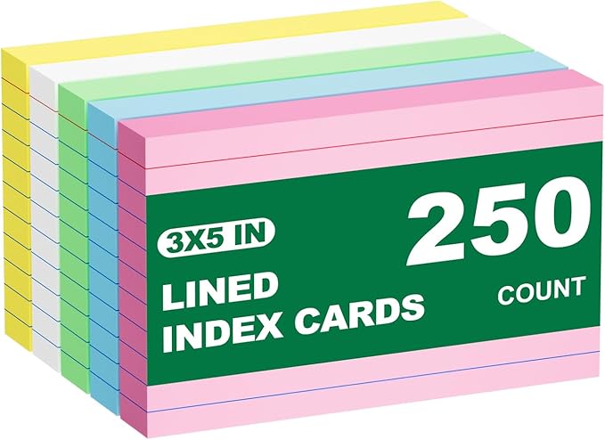 Colored Index Cards 3x5 Inch, 250 Count Ruled Flash Cards for Studying, 50 Pack Of 5, Multilcolor Notecards Lined Flash Cards Bulk, Neon Flashcards Note Cards, 3x5 Index Cards for School, Home, Office