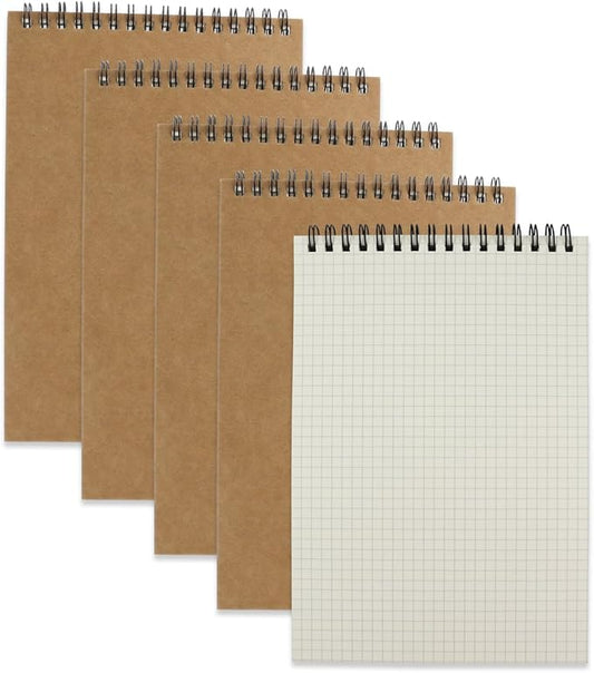 4 Pack Graph Paper Notebook, A5 Top Wirebound Grid Spiral Notebook 5.8" x 8.3",60 Sheets,5mm x 5mm Grid Paper,Grid Notepad for Students, Math, Engineering (Kraft)