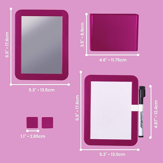 LockerMate 6-Piece Locker Organizer Kit, Includes Mirror, Whiteboard, Storage Cup & Dry Erase Marker, Pink