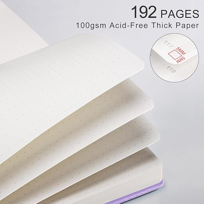 Dotted Journal for Women Men, 192 Pages A5 Notebook Journal, Hardcover Notebook with 100Gsm Thick Pages, Leather Note Book for Writing, Travel, Business, Office, Prayer 5.7 x 8.3, Light Purple