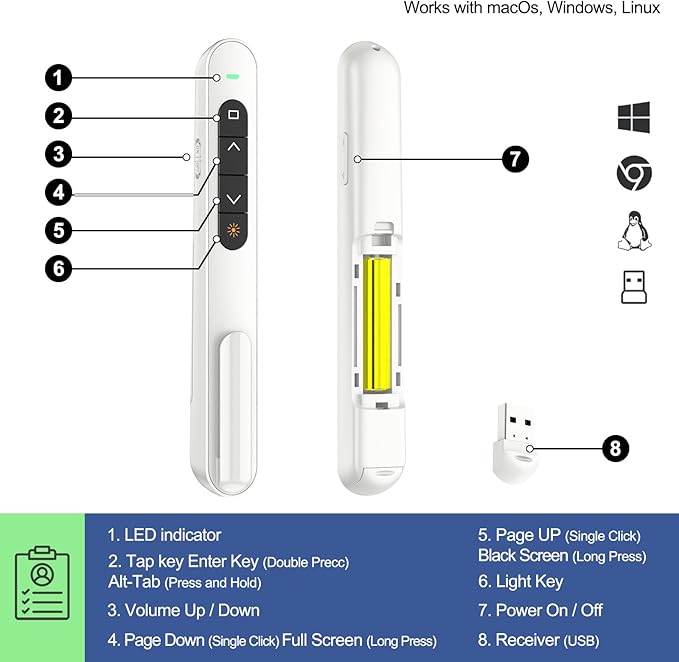 QUI 2 Pack Presentation Clicker, Hyperlink Volume Control Wireless Presenter, RF 2.4GHz USB Presentation Remote Control,PowerPoint Clicker Slide Advancer for Computer, Laptop, Mac (USB, White)